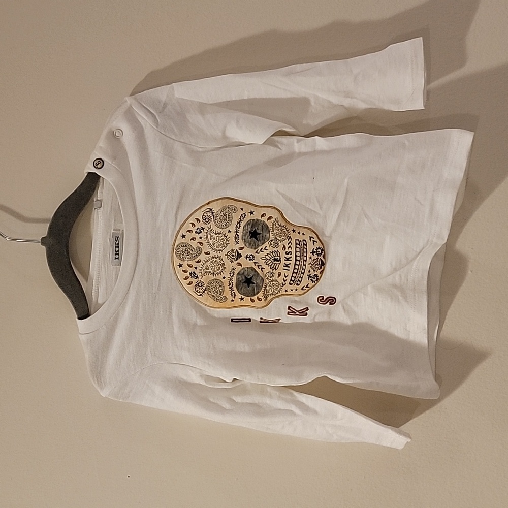 IKKS NWT organic cotton size 18m 80 Long Sleevr Skull T Shirt White Yellow Tan